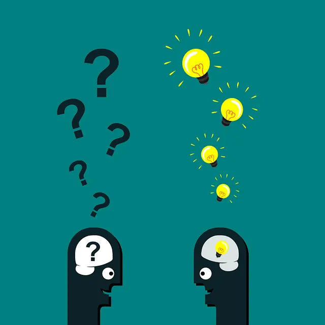 Illustration of heads with question marks and light bulb ideas