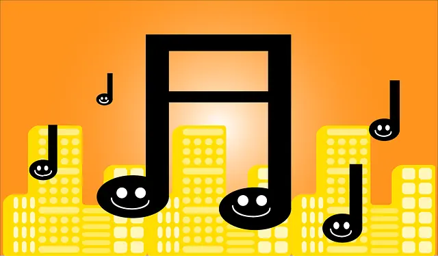 Cartoon music notes dancing over a city