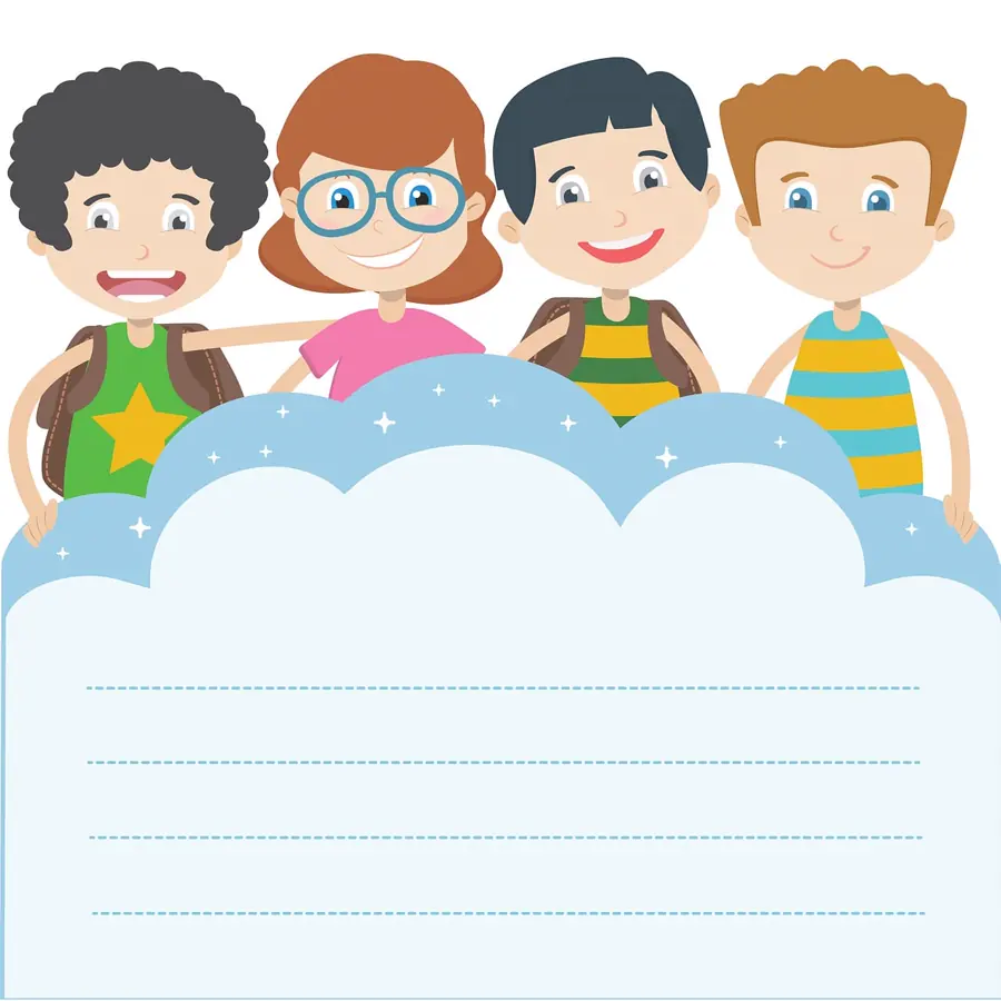 Cartoon of four smiling students above a cloud